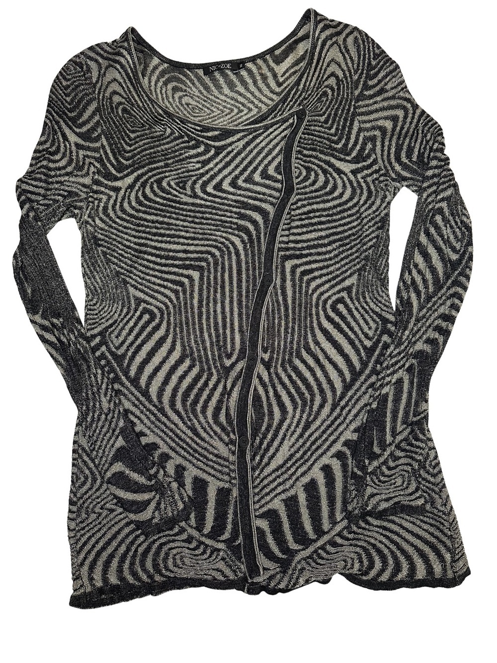 NIC+ZOE Silver & Black Swirl Print Asymmetrical Button Front Top Sweater M